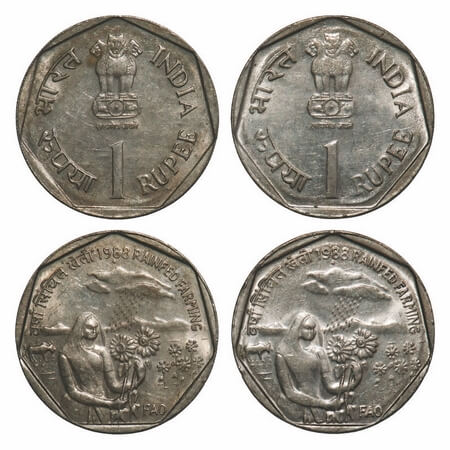 1 Rupee 1988, Cu-Ni, (2 Coins), Rainfed Farming, Bombay Mint, 2 different numeral 9 of yea