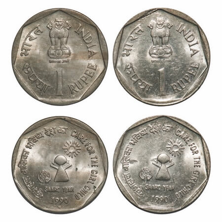 1 Rupee, 1990 (2 Coins), Care for Girl Child, Bombay mint, 2 different edges, milled and s
