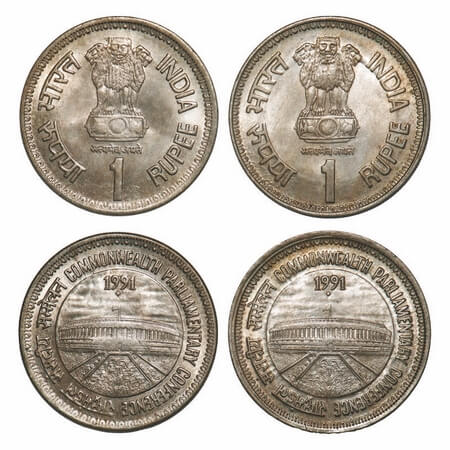 1 Rupee, 1991, Cu-Nic, (2 Coins), Commom Wealth Parliamentry Conference, 2 different Lions