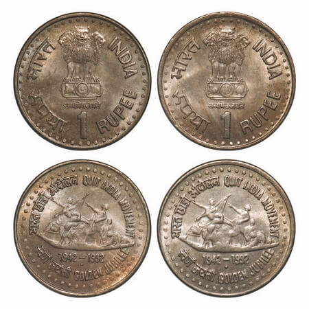 1 Rupee, 1992, Cu-Nic, (2 Coins), Quit India Movement, small and large mint mark, Uncircul