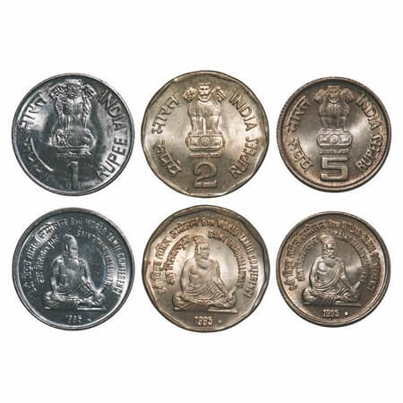 1, 2, & 5, Rupees, (3 Coins) 1995, Mix metals, World Tamil conference, Bombay Mint. Mint S