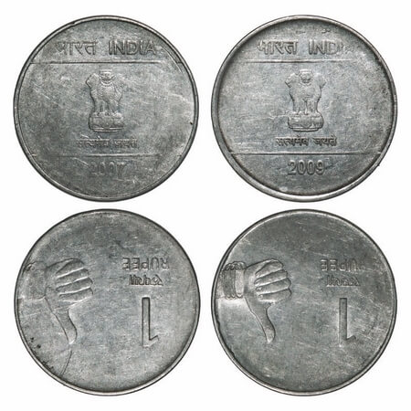 1 Rupee, FSS, (2 Coins), 2007 & 2009, Calcutta Mint, Error reverse 6 o'clock, Very Fine, V
