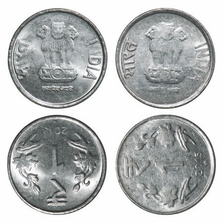 1 Rupee, FSS, (2 Coins), 2013 Noida with error reverse 6 o'clock & 2015, Hyderabad Mint, E