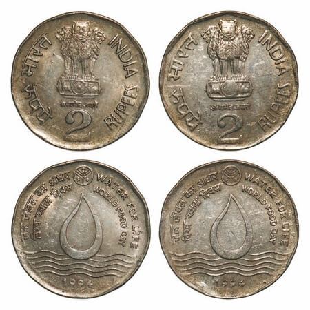 2 Rupees, 1994, Cu-Nic, (2 Coins), 1994, Water for Life, world Food Day, Calcutta Mint, no