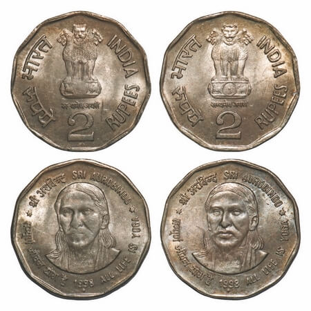 2 Rupees, 1998, Cu-Nic, (2 Coins), Sri Aurobindo, Bombay mint, 2 different Lions Type 2C &