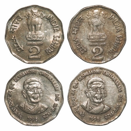 2 Rupees, Cu-Nic, (2 Coins), 1998, Desh Bandhu Chitaranjan Das, Noida Mint, 2 Different Li