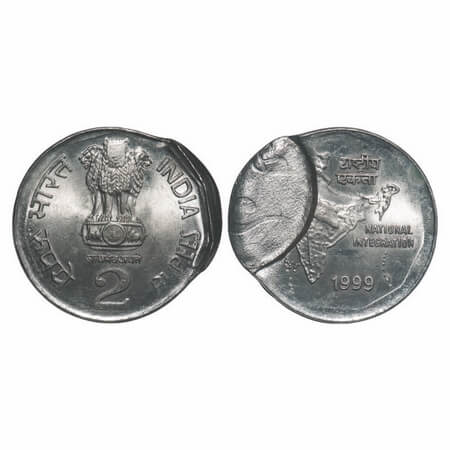 2 Rupees, 1999, Cu-Nic, National Integration, Calcutta Mint, Indent Error. Uncirculated, S