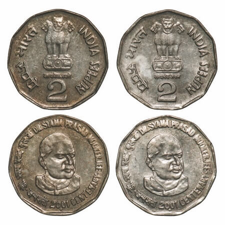 2 Rupees, 2001, Cu-Nic, (2 Coins), Syamaprasad Mukharjee, Noida mint, small 2 and large 2 