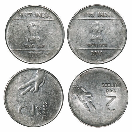 2 Rupees, FSS (2 Coins), 2008 Calcutta mint with error reverse 9 o'clock & 2010 Noida mint