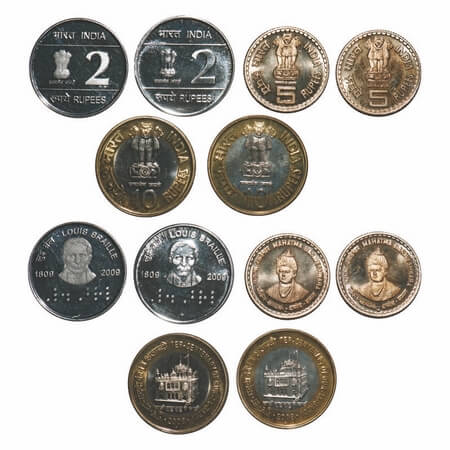2, 5, 10 Rupees, (6 Coins) Mixed Metal, 1) 2 Rupees (2) Louis Braille, 2009, Hyderabad & C