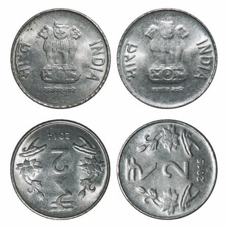 2 Rupees, FSS, (2 Coins), 2014 Calcutta with error reverse 6 o'clock & 2015, Noida Mint, E
