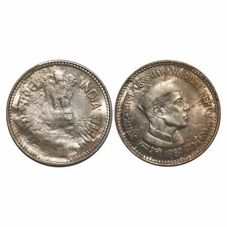 5 Rupees, 1989, Cu-Nic, Jawaharlal Nehru, Bombay mint, struck through error on both sides.