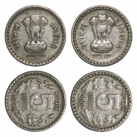 5 Rupees, Cu-Nic, (2 Coins), 1996 Calcutta mint with error reverse 3 o'clock & 2002 Bombay