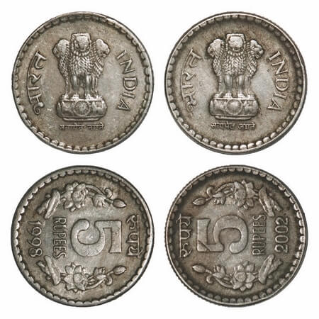 5 Rupees, Cu-Nic, (2 Coins), 2002 Calcutta mint with error reverse 9 o'clock & 1998 Calcut