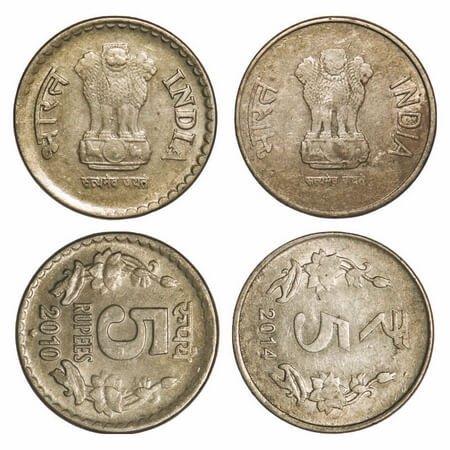 5 Rupees, Brass, (2 Coins), 2010 Hyderabad mint with error reverse 3 o'clock & 2014 Calcut