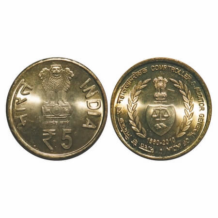 5 Rupees, 2010, Brass, Controller & Auditor General of India, Mumbai mint, 1st strike issu
