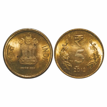 5 Rupees, 2012, Brass, Calcutta mint, 1 Rupees obverse die struck on 5v rupee coin. Mint S