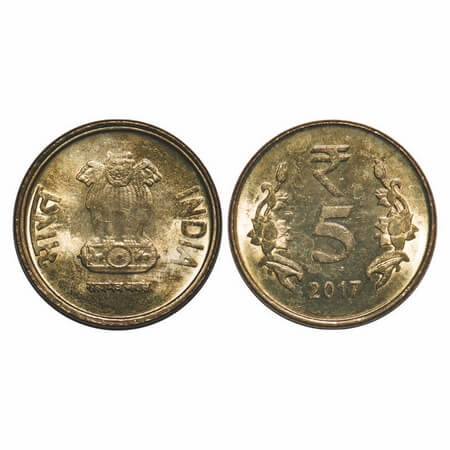 5 Rupees, 2017, Brass, Calcutta mint, Obverse of 1 Rupee on 5 rupee planc. Uncirculated, R