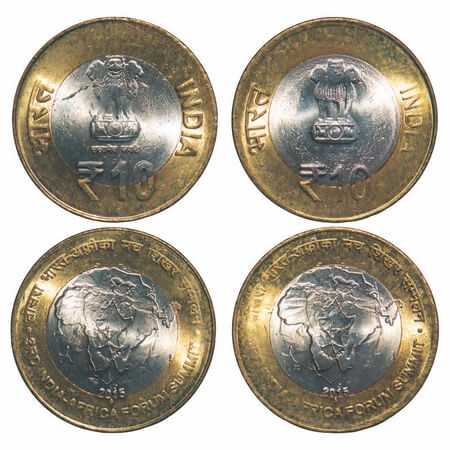10 Rupees (2 Coins), 2015, Bimetal, 3rd India Africa Forum Summit, Bombay Mint, thin and t