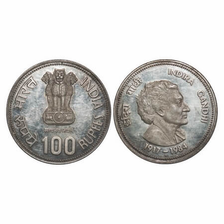 100 Rupees, 1985, 50 % Silver Proof, Indira Gandhi, Bombay Mint. Proof Uncirculated.Scarce