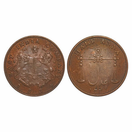 Bombay Presidency, Copper ½ Anna, 12.90g, 1834 AD, Obv: Arms of Eic Company, Rev: Scales o
