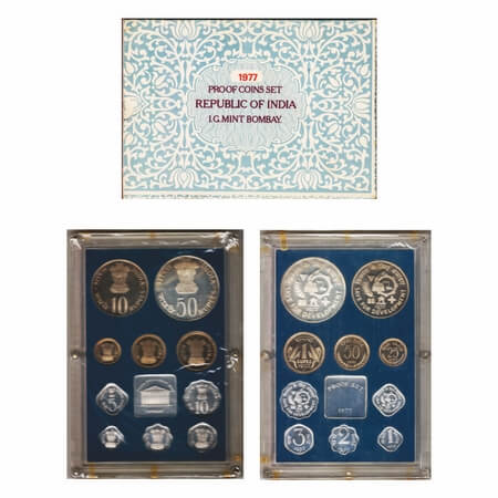 1977, Proof Set, 50, 10, 1 Rupees, 1, 2, 3, 5, 10, 25, 50 paisa, with box Packing and cert