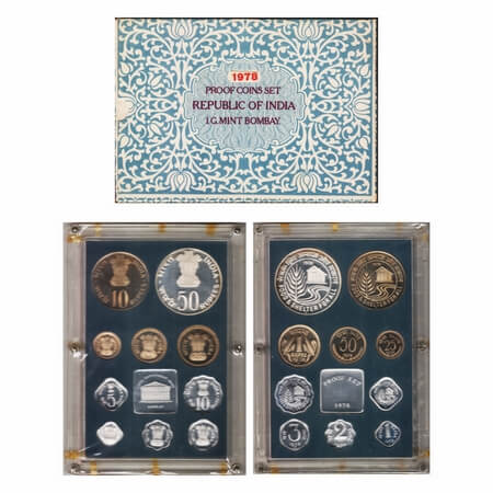 1978, Proof Set, 50, 10, 1 Rupees, 1, 2, 3, 5, 10, 25, 50 paisa, with box Packing and cert