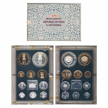 1979, Proof coin Set of 50, 10 & 1 Rupees, 50, 25, 10, 5, 3, 2, 1 Paise, Happy Child-Natio