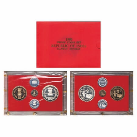 1980, Proof Coin Set, 100, 10 Rupees, 25 & 10 paisa, Rural women's Advancement, Bombay Min