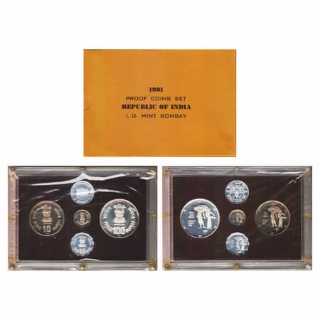 1981, Proof coin Set of 100 & 10 Rupees, 25 & 10 Paise, World Food Day, Bombay Mint, with 