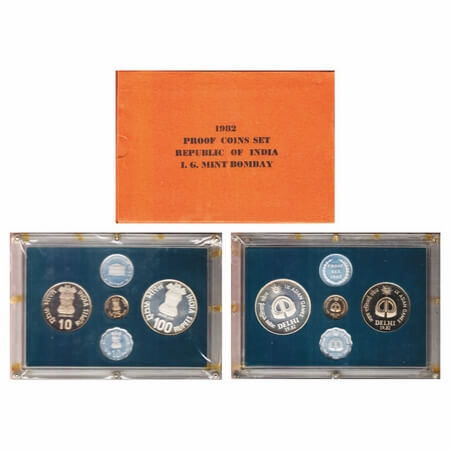 1982, Proof coin Set of 100, 10 Rupee, 25, 10 Paise, IX Asian Games, Bombay Mint, with Cov