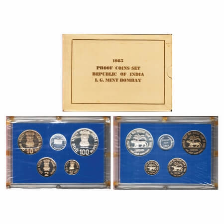 1985, Proof Coin Set of 100 Rupees, 10 Rupees, 2 Rupees & 50 Paise, Reserve Bank of India,