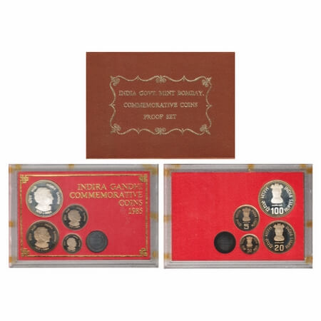 1985, Proof Coin Set of 100 Rupees, 20 Rupees, 5 Rupees & 50 Paise, Indira Gandhi, Bombay 