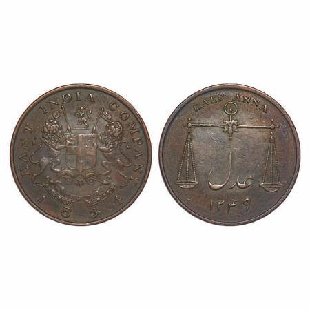 Bombay Presidency, Copper ½ Anna, 12.85g, 1834 AD, Obv: Arms of Eic Company, Rev: Scales o