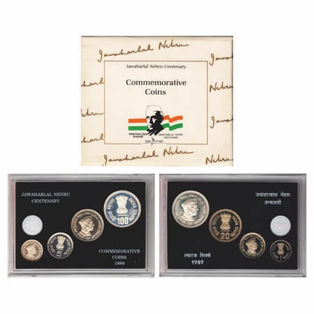 1989, Proof Set of 4 coins, Half Silver & Copper Nickel, 100, 20, 5, 1 Rupees, Jawaharlal 