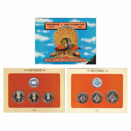 1991, Proof set of 3 coins, 5 Rupees, 2 Rupees and 1 Rupee & token, India Tourism Year, Bo