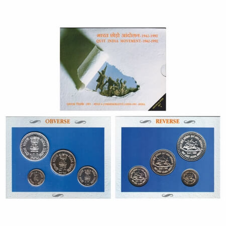 1992, Unc Set of 4 Coins, Copper Nickel, 100, 50, 10, 1 Rupees, Quit India Movement 1942-1