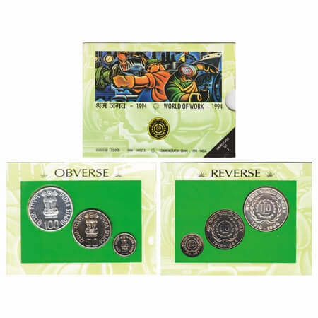 1994, Unc Set of 3 Coins, Copper Nickel, 100, 50, 5 Rupees, ILO, 75th Anniversary of Inter