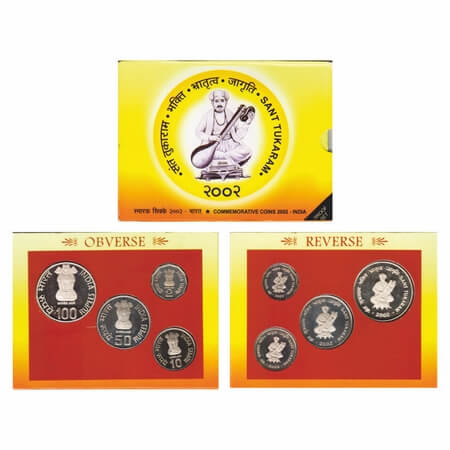2002, Proof Set of 4 Coins, Sant Tukaram, 100, 50, 10, 2 Rupees, Kolkatta Mint. S.Reddappa