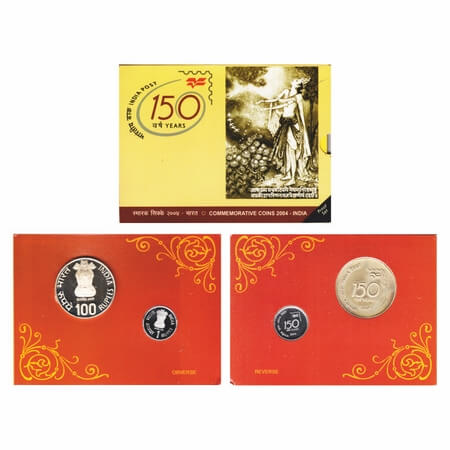 2004, Proof set of 2 Coins, 100 Rupees, 1 Rupee, 150 Years of India Post, Kolkata Mint, Bl