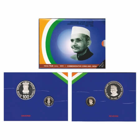 2004, Proof set of 2 Coins, 100 Rupees, 5 Rupees, Lalbahadur Shastri Birth Centenary, Kolk
