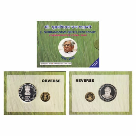 2010, Proof Set of 2 Coins, C. Subramanium Birth centenary. 100 & 5 Rupees, Mumbai mint, i