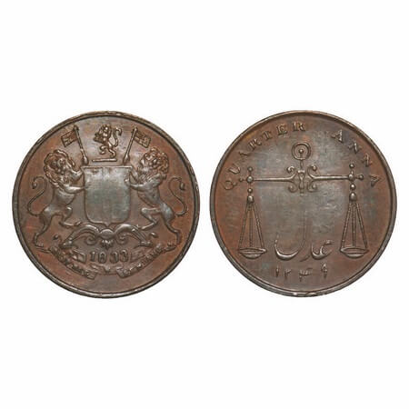 Bombay Presidency, Copper Quarter Anna, 6.40g, Bombay Mint, AD 1833/1249 AH, Reverse die a