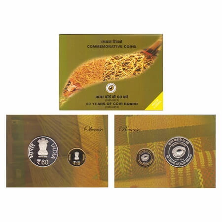 2013, Proof set of 2 coins, 60 Years of Coir Board, 60 Rupees and 10 Rupees, IG mint Mumba