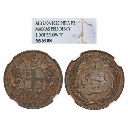 Madras Presidency, Copper Pice, 1825 AD, sruck at Royal Mint, Obv: Coat of Arms of Company