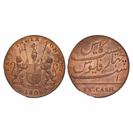 Madras Presidency, Copper XX (Twenty) Cash, 8.94g (Light Issue), struck at Soho Mint, 1808