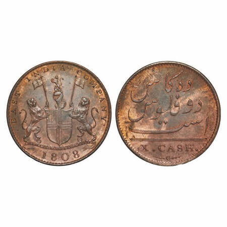 Madras Presidency, Copper X (Ten) Cash, 4.64g (light Issue), Struck at Soho Mint, 1808 AD,