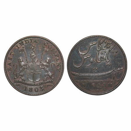 Madras Presidency, Copper V (Five) Cash, 3.28g, Struck at Soho Mint, 1803 AD, Obv: Coat of