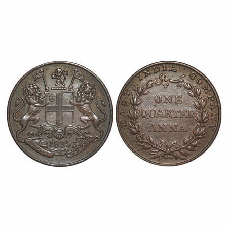 William IV, Copper, Quarter Anna, 1835, Madras Mint, A/II, Rev aligned, Wreath with 18 Ber