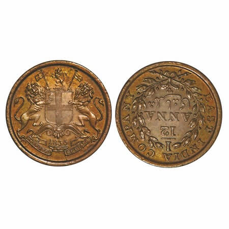 William IV, Copper, 1/12 Anna, 1835, Bombay Mint, Rev II, Rev inverted, Wreath with 13 Ber